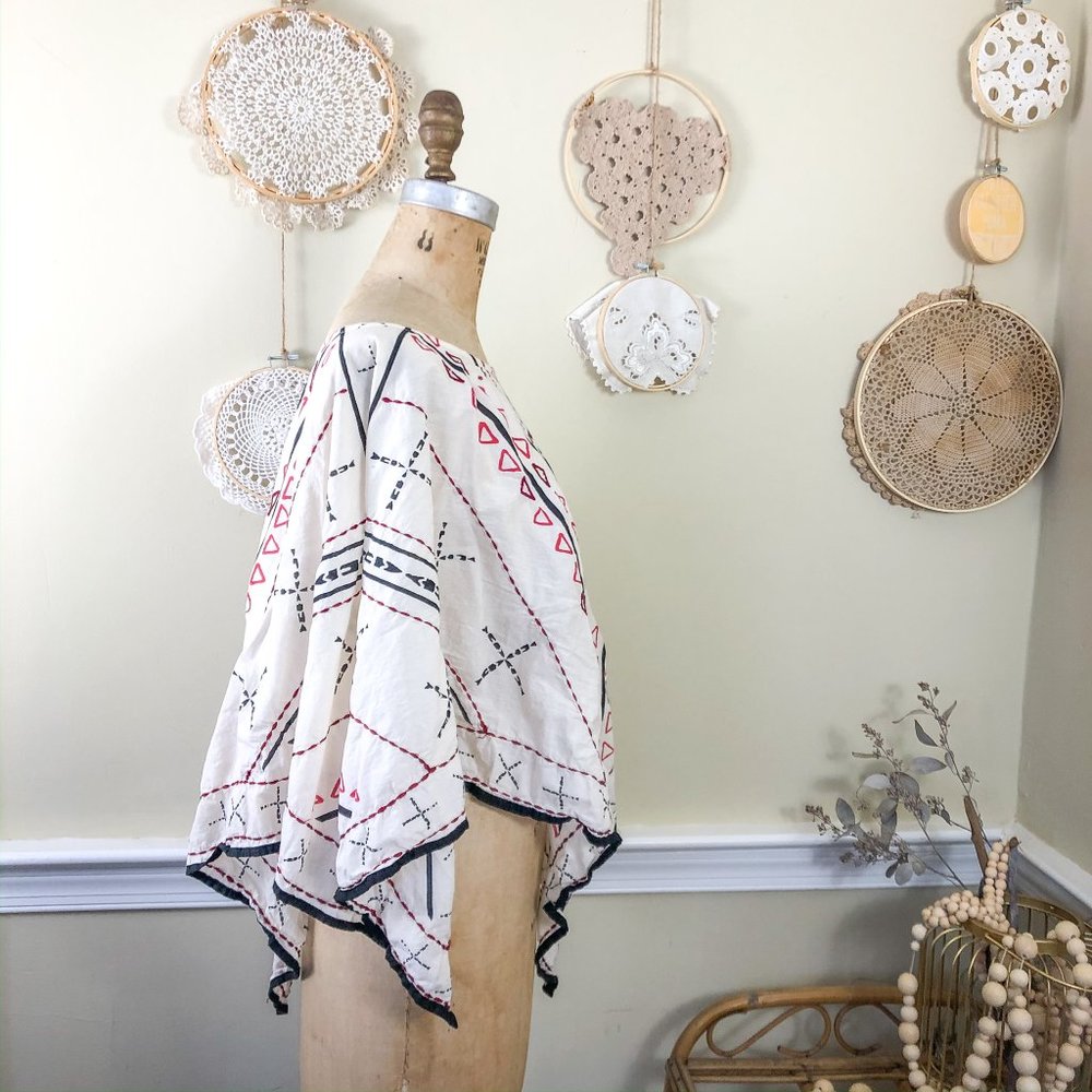 SOLD Artisan Cotton Mud Cloth Embroidered Poncho - Picture 2 of 6